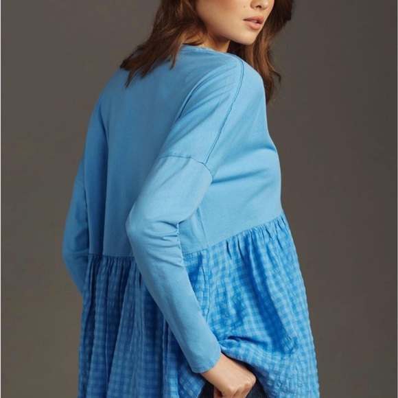 Anthropologie Pilcro V Neck L/S Blue Babydoll Blouse Gingham Top Women’s Sz. M - Picture 9 of 9